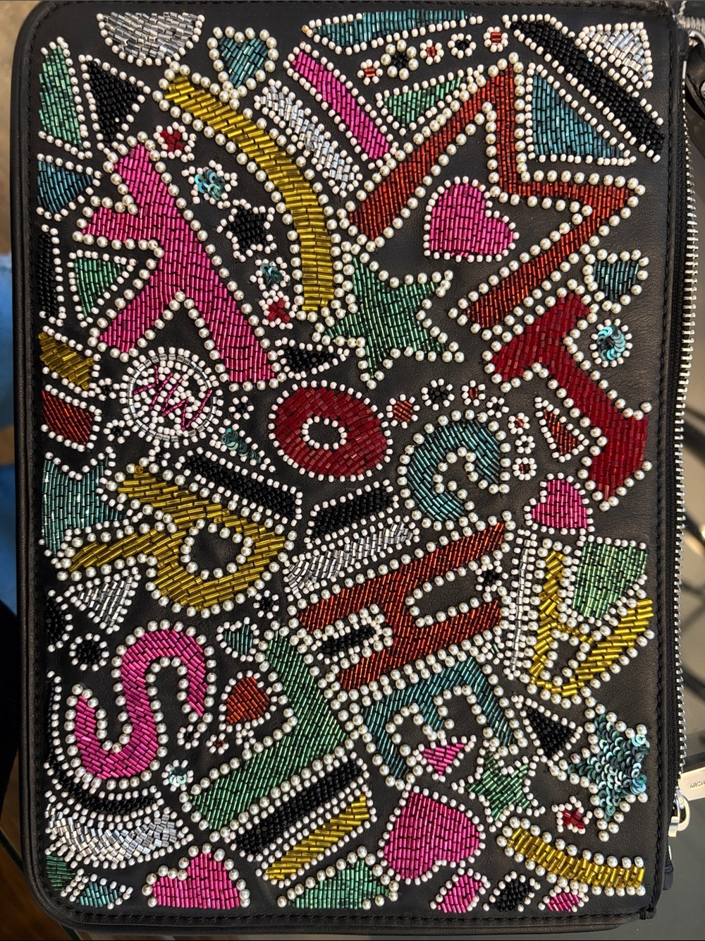 Michael Kors Black Beaded Graphic Zip Clutch with Multicolor Accents - Picture 5 of 7